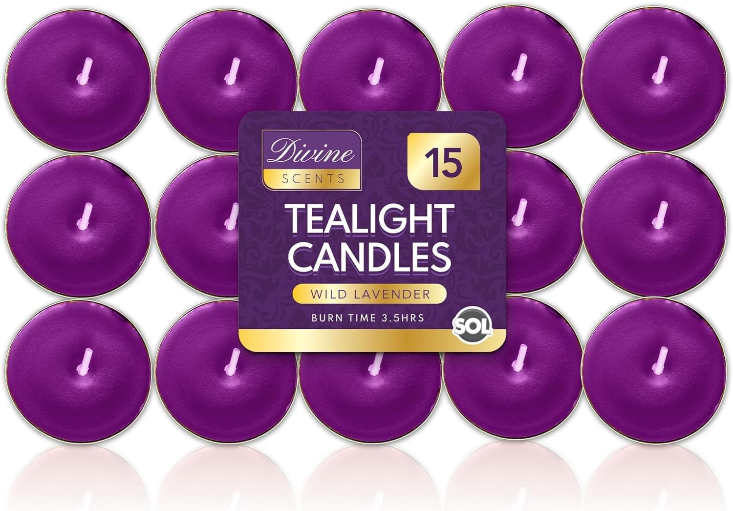 SOL 15pk Wild Lavender Scented Tea Light Candles Long Burning – 3.5 Hour Burn