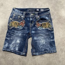 Girls Miss Me Blue White Washed Embroidered Denim Mid Shorts Sz 10 NEW