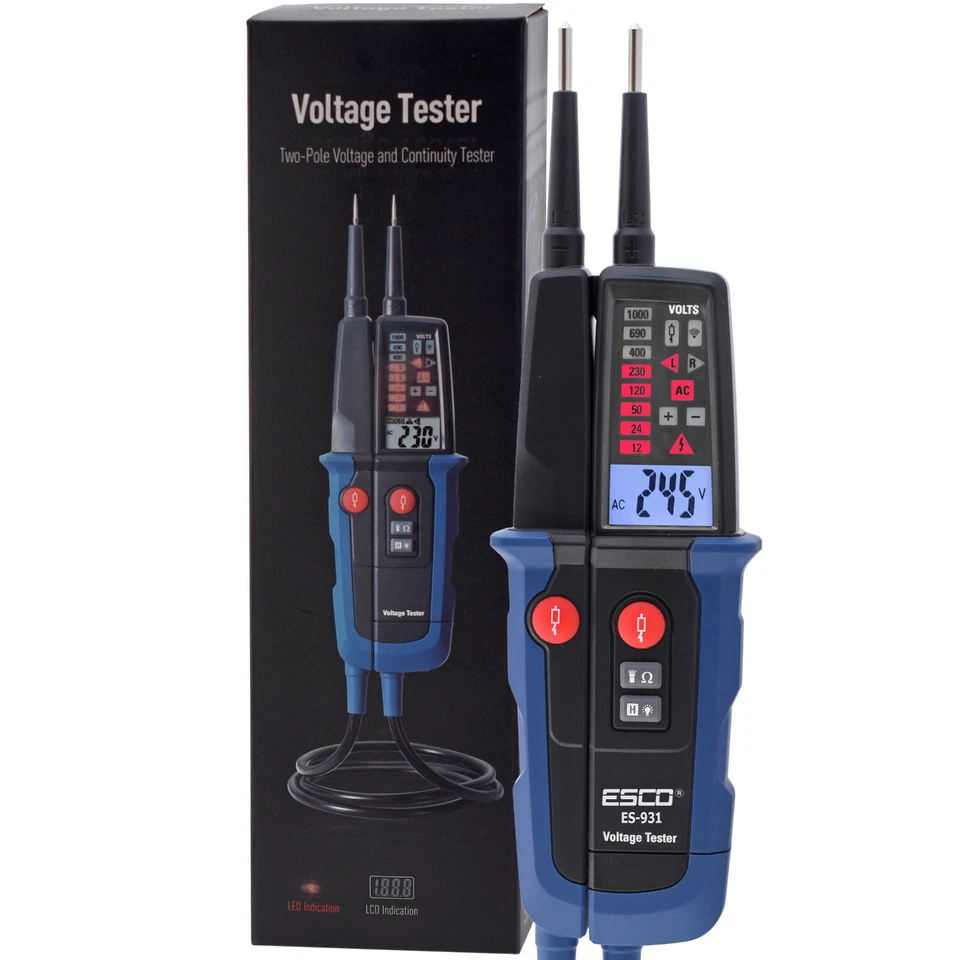 Spannungsprüfer 2 polig 12-1000V AC/DC Phasenprüfer Drehfeldrichtung FI-Schalter - Bild 3 von 4