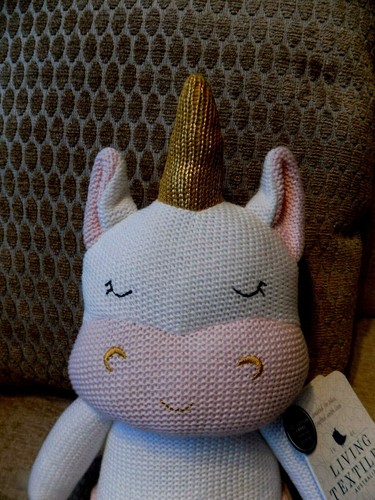 LIVING TEXTILES CROCHET COTTON "UNICORN" PINK & WHITE PLUSH TOY 18"X8" - Picture 2 of 7