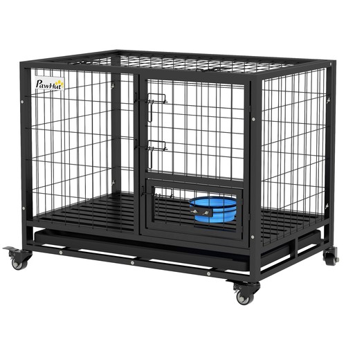 PawHut 36" Heavy Duty Dog Crate on Wheels w/ Bowl Holder, Removable Tray - Picture 11 of 11