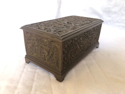Antique German Signed Solid Bronze High Relief Table Top Box with Lock.