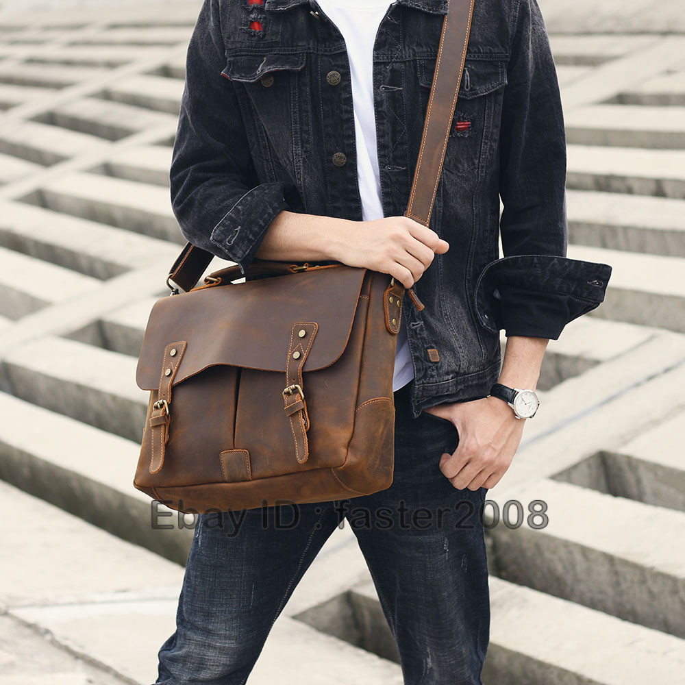 Crazy Horse Leather Messenger Bag Men Portable Briefcase Shoulder Computer Bag