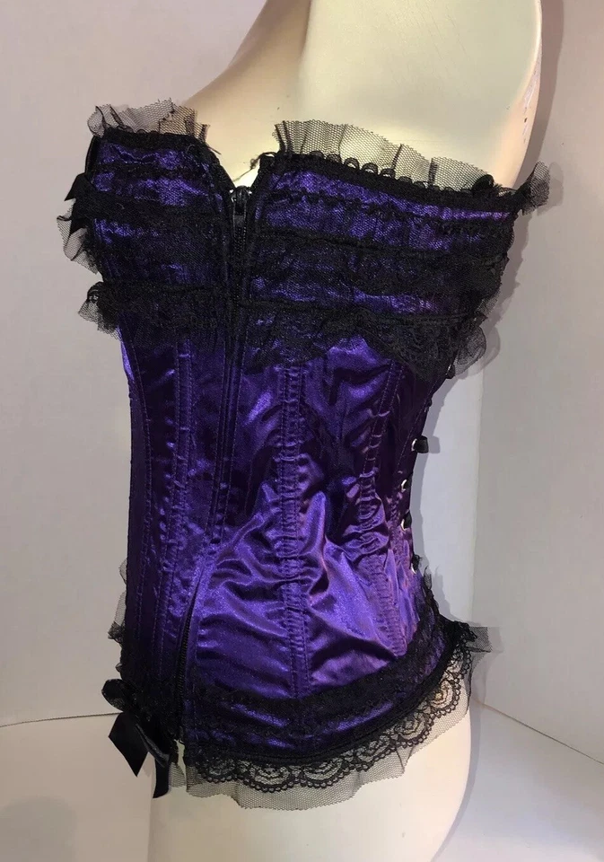 VTG Shirley Of Hollywood Purple Satin Black Bow Lace Ribbon Bustier Corset Sz M - Image 4 of 4