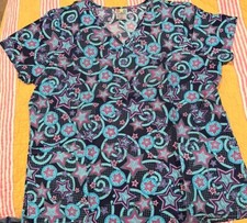 TWO, 3-2-1 Scrubs NEW, 1 Stars/1 Butterfly BOTH Mock Neck Scrub Top, LG