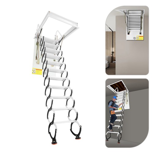 11-Steps Folding Attic Ladder Pull Down Attic Stairs Wall-Mounted Stairs White - Picture 15 of 20