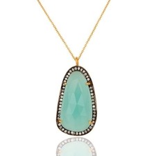 Aqua Blue Chalcedony CZ Gemstone Jewelry Gold Plated Sterling Silver Pendant