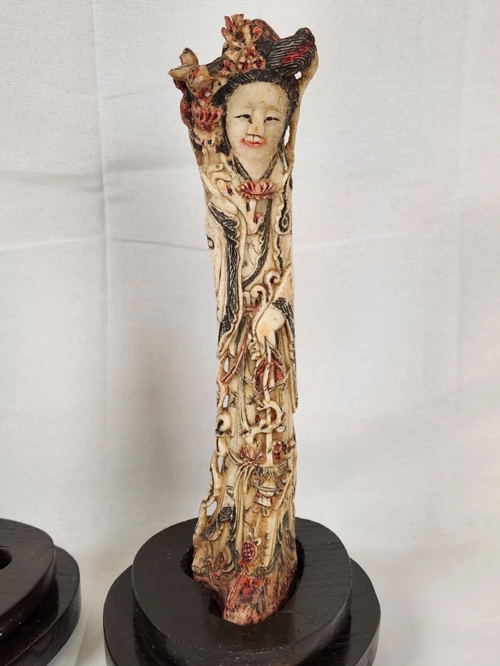 INCREÍBLE PAR DE ESCULTURAS DE HUESOS CHINAS HOMBRE Y MUJER KWAN YIN? KUAN GUAN 11" Foto 2 de 4