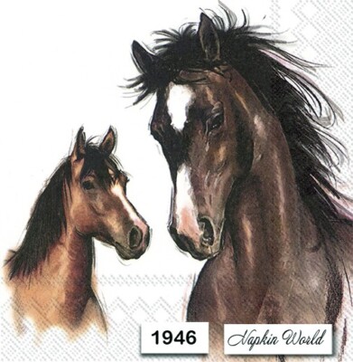 (1946) TWO Individual Paper LUNCHEON Decoupage Napkins - HORSES FOAL COLT FILLY