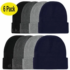 6 Pack Men's Women Beanie Knitted Warm Winter Hats Dark Color Cuffed Skull Cap 