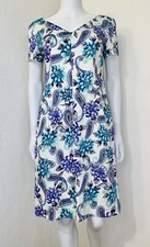 Vintage Purple Teal Floral Paisley Short Slv V-Neck Sheath Dress Size S/M EUC