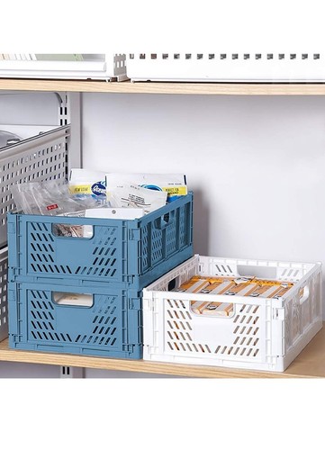 2 Blue 2 white Plastic Storage Basket Folding Storage Box Crate Stackable NEW - Picture 2 of 7