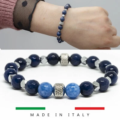 Bracciale uomo donna braccialetto BLU pietra sfaccettata ematite argento acciaio - Imagen 1 de 4