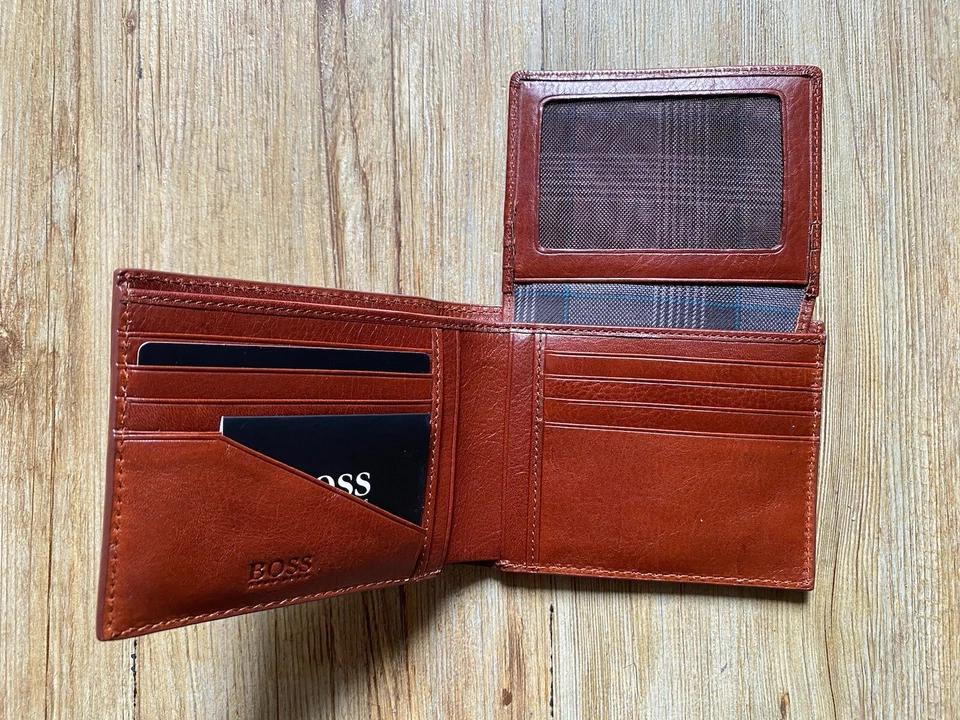 Hugo Boss Portefeuille Porte-Monnaie Homme En Cuir Marron Cognac Neuf - Photo 3/4