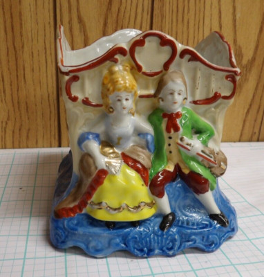 Vintage Hand Painted Japan Ceramic Planter Vase King Queen Man Woman Guitar