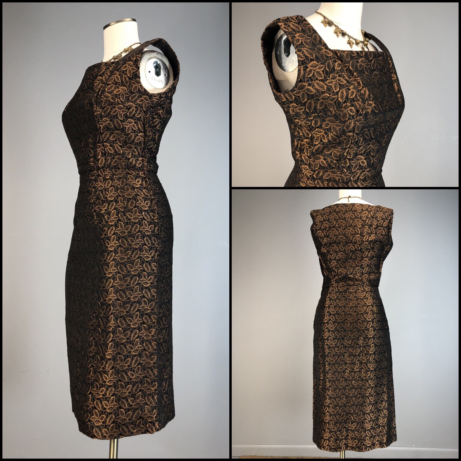 Vtg Cocktail Dress Wiggle Side Zip Copper Leaves Brocade Darted Sheath Waist 27-image