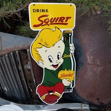 2 FEET TALL 1951 SQUIRT SODA POP DIE CUT PORCELAIN SIGN PEPSI DEW COKE COCA COLA