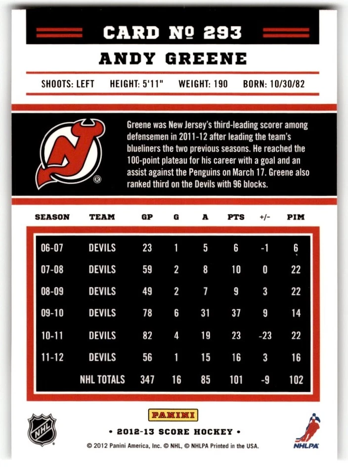 2012-13 Score Gold Rush Andy Greene #293 New Jersey Devils - Image 2 of 2