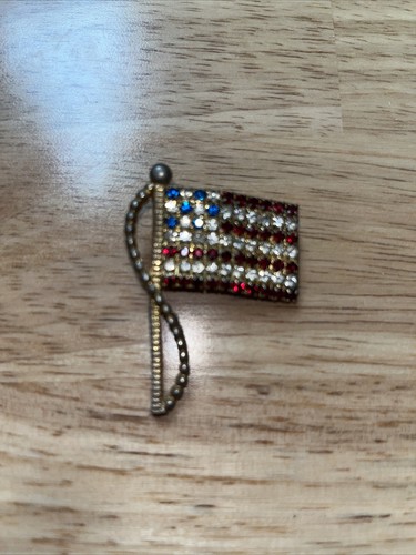Beautiful Brooch Pin USA Flag Filled Clear Red Blue Rhinestones 1 3/4x1 ...