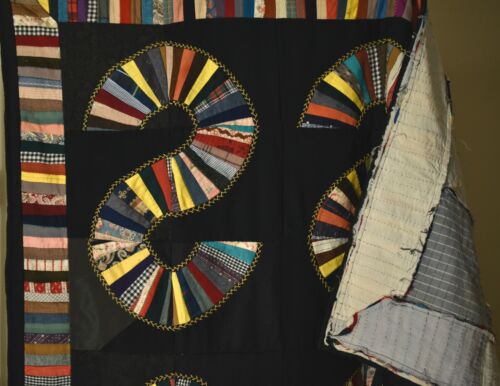 Amazing Folky Wool 1920's Letter "S" Fans Antique Quilt ~Piano Key Border! - Picture 10 of 10