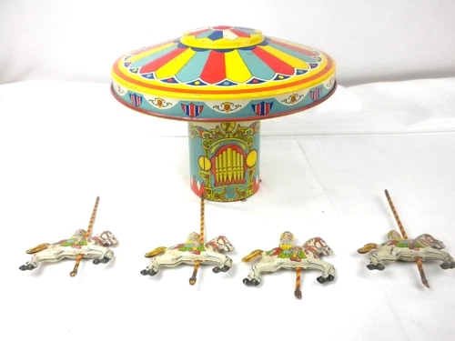 Vintage 1950's J. Chein Tin Litho Merry Go Round Top & Center Plus 4 Horses