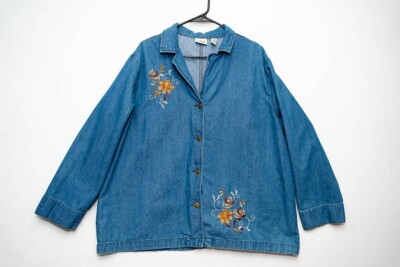 Classic Elements denim floral embroidered 20-22W Cotton button down shirt shacke