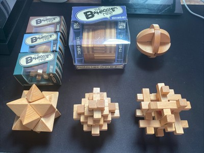 Bamboo Wooden 3-D Puzzles - Lot of 8 Different Puzzles From Easy To Extreme