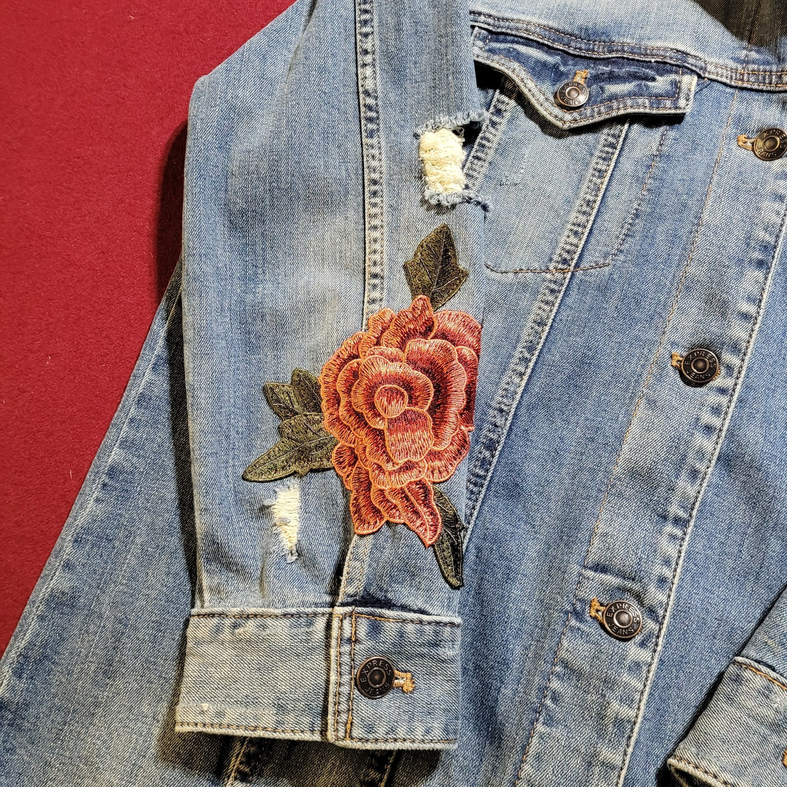 Express Jeans Button Denim Jacket Red Floral Embr… - image 7