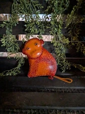 Handmade All Leather Monkey Wristlet Coin Purse Zippered 5x3.5