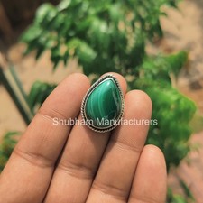 Natural Malachite Pear Cab Ring 16x22mm 925 Sterling Silver Handmade Jewellery