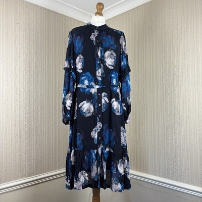 AND/OR blau Blumen Midi Knopfleiste Hemd Kleid Langarm Größe 8 Hochzeit