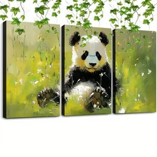 3pcs Framed Panda Wall Art, Canvas Print Colorful Woodland Animal Poster, Funny