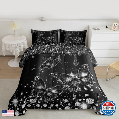Feelyou Butterfly Kids Comforter Set Full Size Black Diamonds Bedding Set Chic