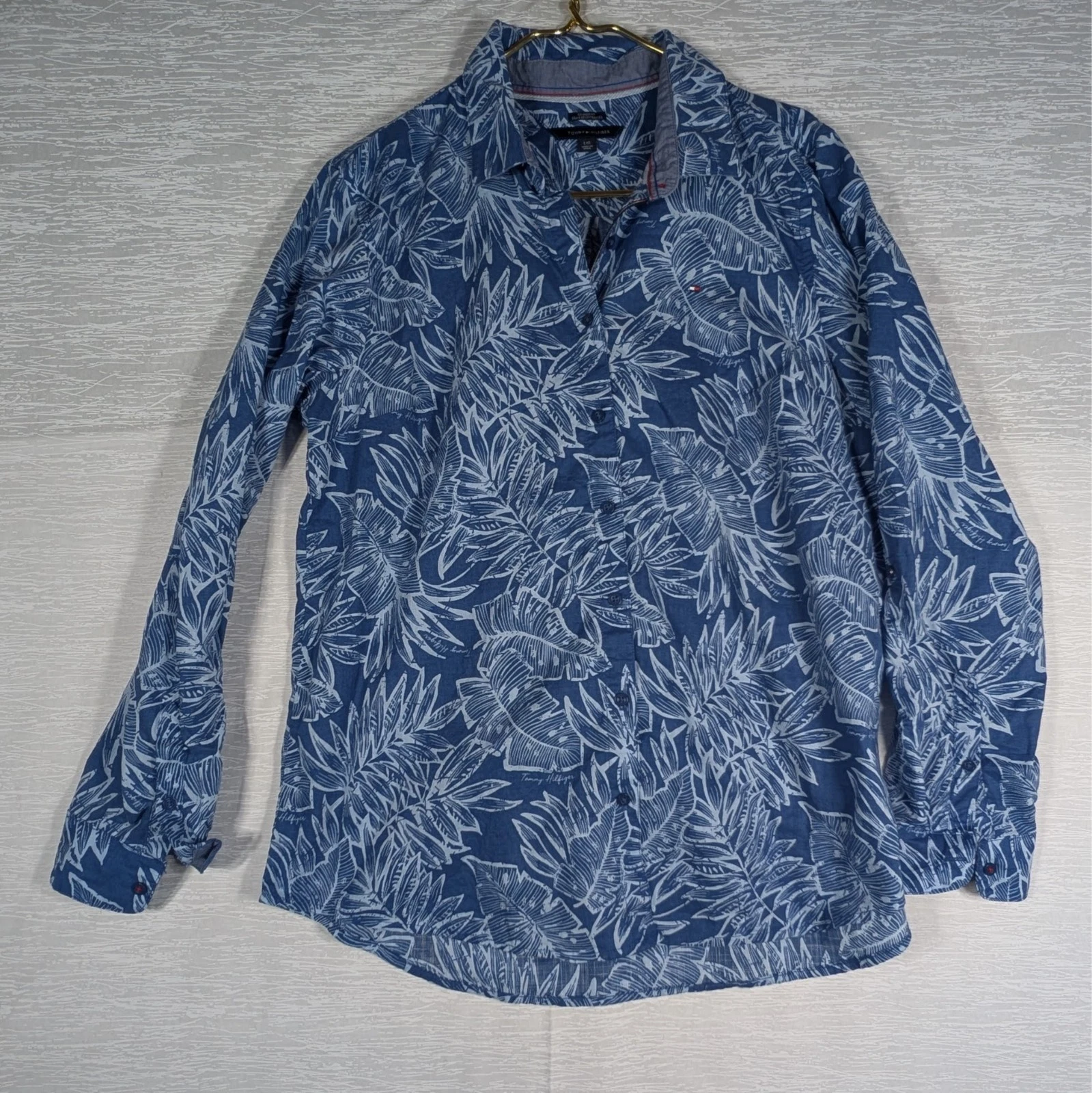 Tommy Hilfiger Button Up Mens Large Blue Floral All Over Print Long Sleeve