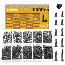 600Pcs Black M2 Pan Head Self-Tapping Screw,Phillips Cross Round Head Wood Sc...