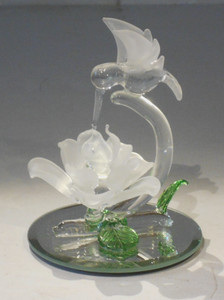 Vintage Blown Glass Hummingbird Frosted Flower Mirror Base
