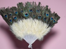 Vintage Authentic Peacock White Feather Folding Hand Fan, Plastic Filigree
