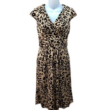 Kay Unger Dress Womens 2 Leopard Print Silk V-Neck Ruched Romantic Flowy Midi