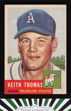 1953 Topps #129 Keith Thomas : Bio uses white text VG d