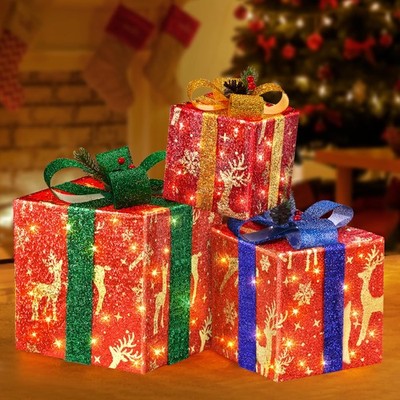 Set of 3 Christmas Lighted Gift Boxes, LED Light up Present Boxes, Christmas ...