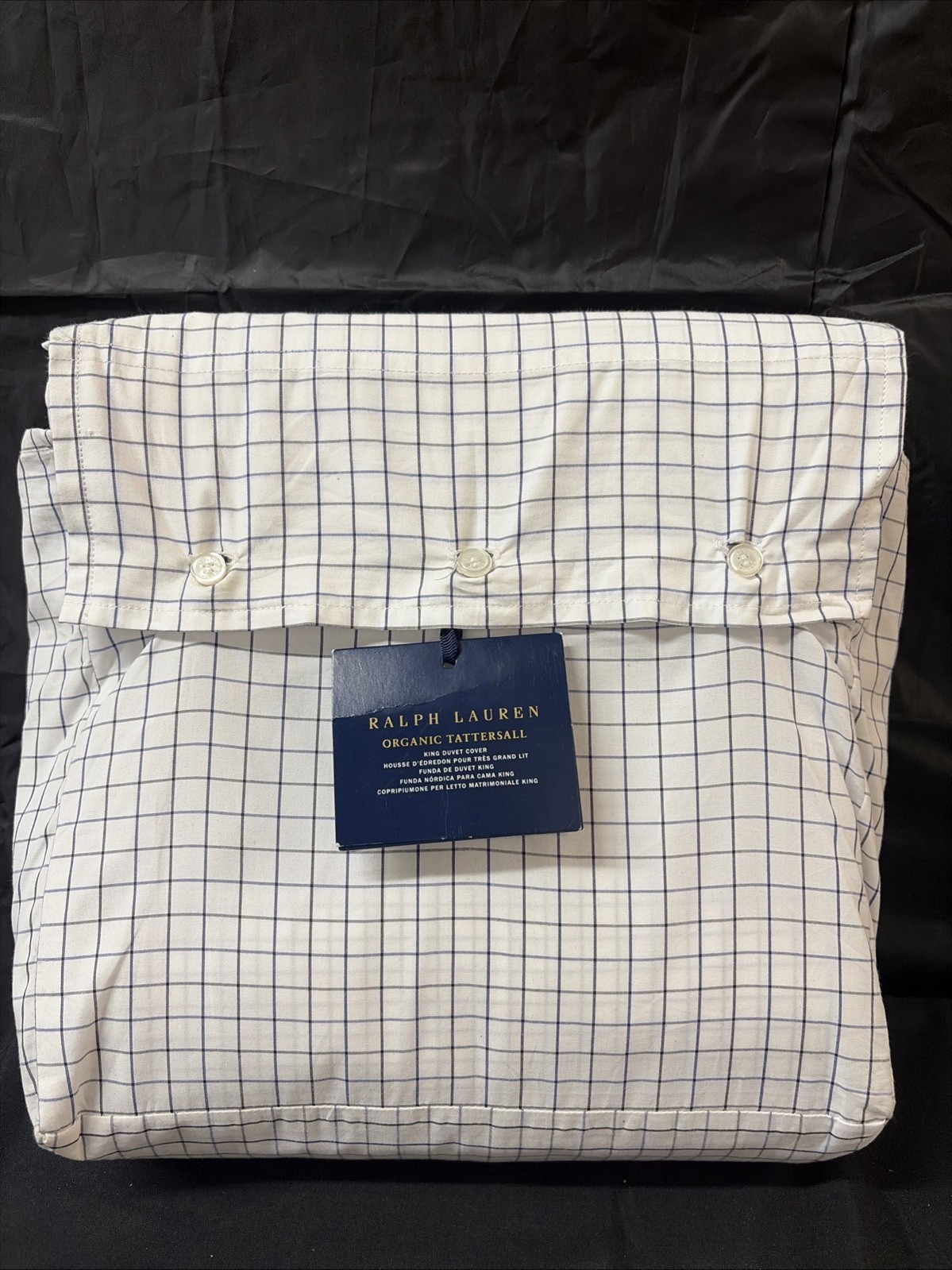 Ralph Lauren Home King Duvet Cover Organic Tattersall Polo Navy  Cotton New