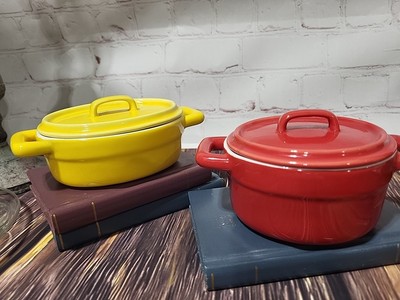 2 Pier One Imports Mini Stoneware Ramekin Red & Yellow Lidded Dish Single Serve 