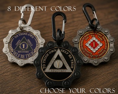 AA Coin Keychain Bike Chain Sobriety Chip Holder Recovery Gift Medallion Token