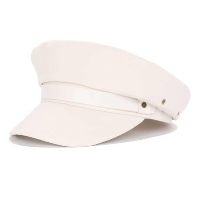 Women's Yacht Captain Sailor Hat PU Newsboy Cap Cabbie Hats Peaked Beret (White)