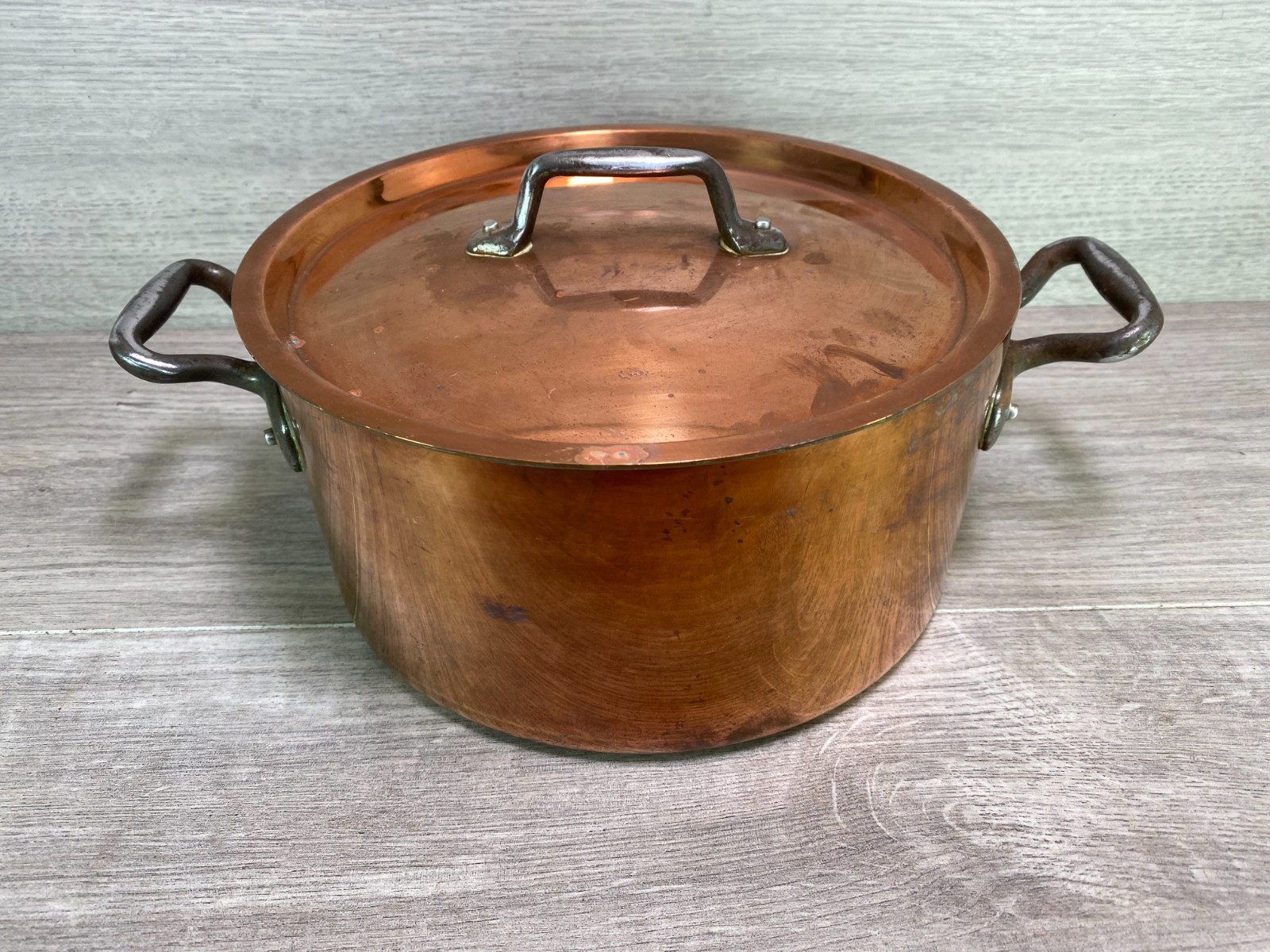 Copper Cooking Pot stewpot with Handles and lid 1.8kg Vintage antique