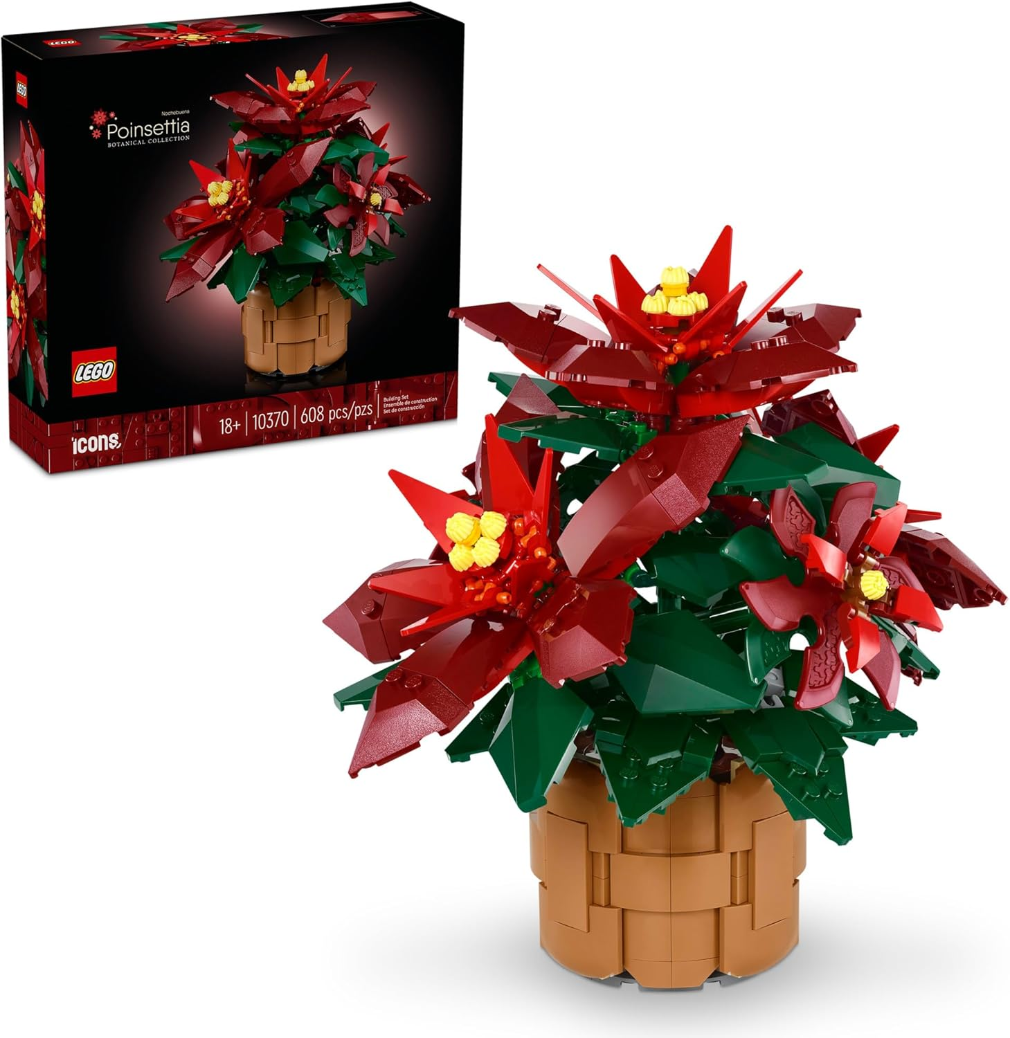 LEGO Icons Poinsettia Building Kit - Festive Floral Centerpiece for Home Decor