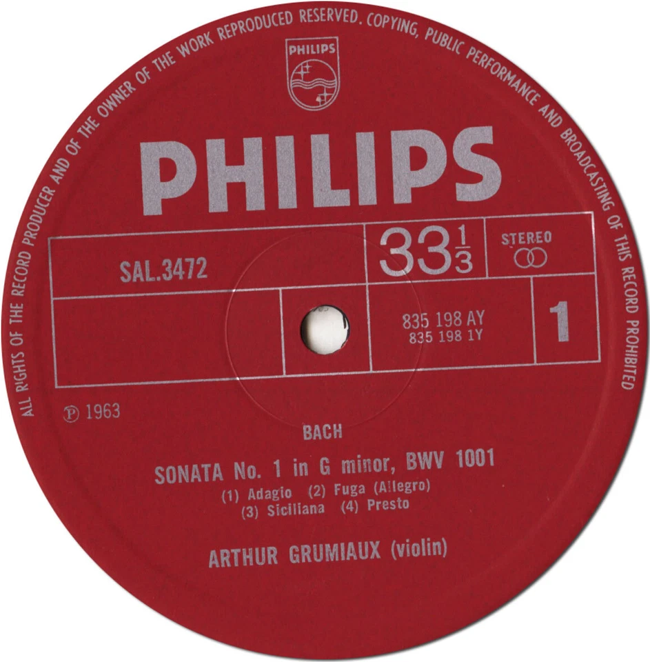 Philips SAL-3472 UK Press BACH Violin Solo Sonata 1 & Partita 1 GRUMIAUX LP NM - Image 3 of 3