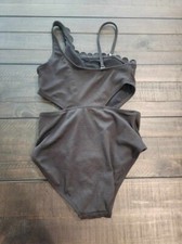 Girls Scallop Textured Cutout One Piece Swimsuit Removable Strap Black L 10/12 