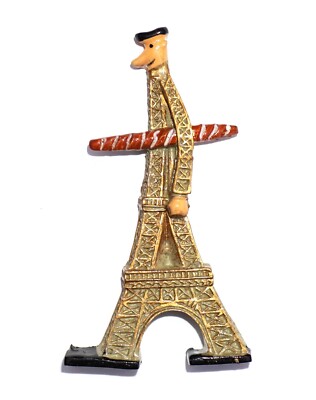 KÜHLSCHRANKMAGNET 3D SOUVENIR EIFFELTURM PARIS FRANKREICH MANN HÄLT FRANZÖSISCHES BAGUETTE