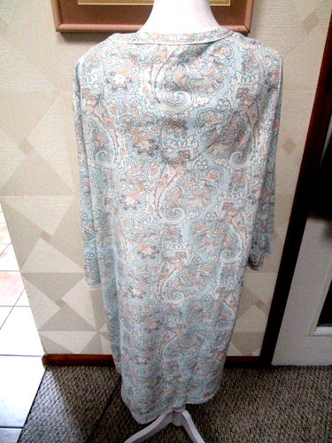 MISS ELAINE-AQUA/MULTI-FLORAL-3/4SLEEVE-SCOOP BUTTON NECK-NIGHTGOWN-SIZE-L-NWT - Picture 3 of 3